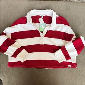JoyLab Women Burgundy and White Striped Button Down Rugby Cropped Fit Shirt
